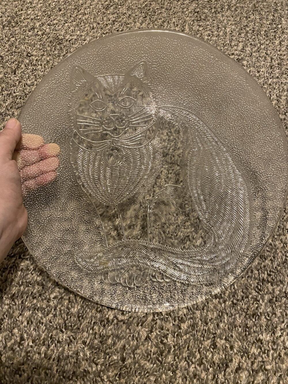 Fluffy Cat Clear Glass Platter Textured Base 13" Feline